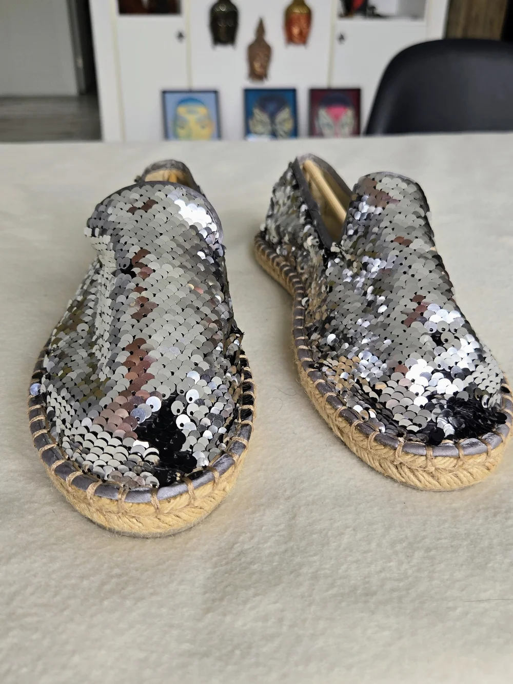 Esmara Reversible Sequin Espadrille-Style Flats – Silver/Black – Size 38 (US 7)